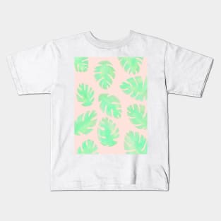 Pink and Green Monstera Leaf Kids T-Shirt